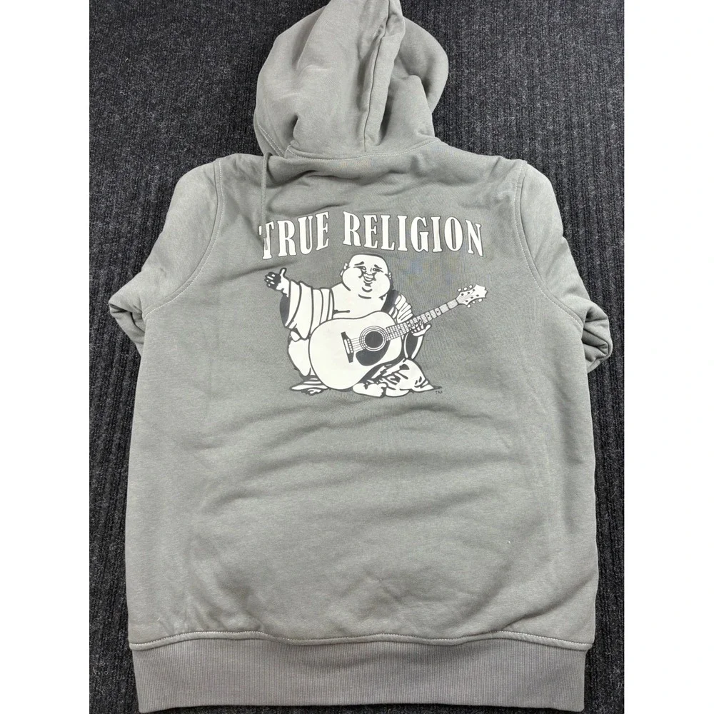 True Religion Mens Sherpa Lined Hoodie Gray Buddha Guitar Graphic ZipUp Jacket M